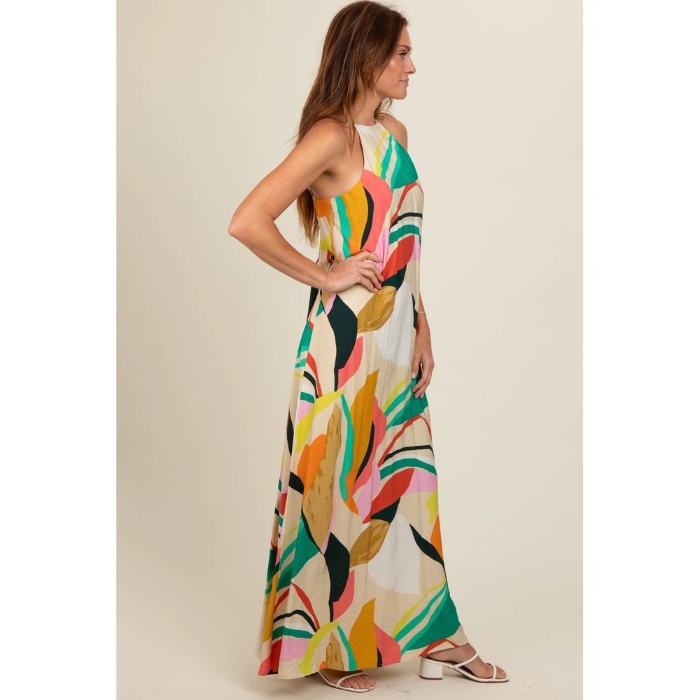 Fore Tropical Print Halter Maxi Dress Cream Pink Green High Neck Floral Large